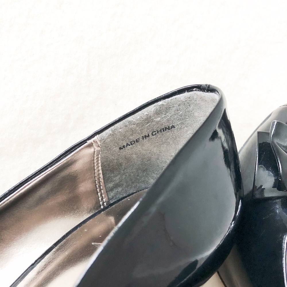 Zara Black Peep Toe Stiletto Heels Bow Detail Faux Vegan Patent Leather Shoes - Picture 11 of 16
